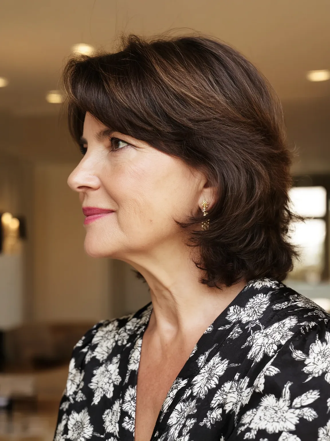 Layered Wavy Lob with Side-Swept Bangs in Chocolate Brown